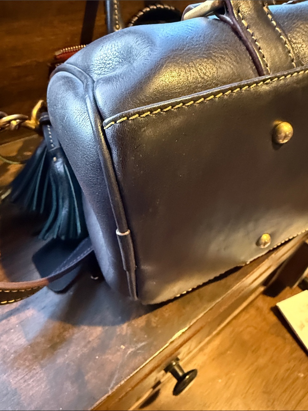 Dooney & Bourke Navy Leather Satchel with Red and Green Zipper Trim - Picture 4 of 7